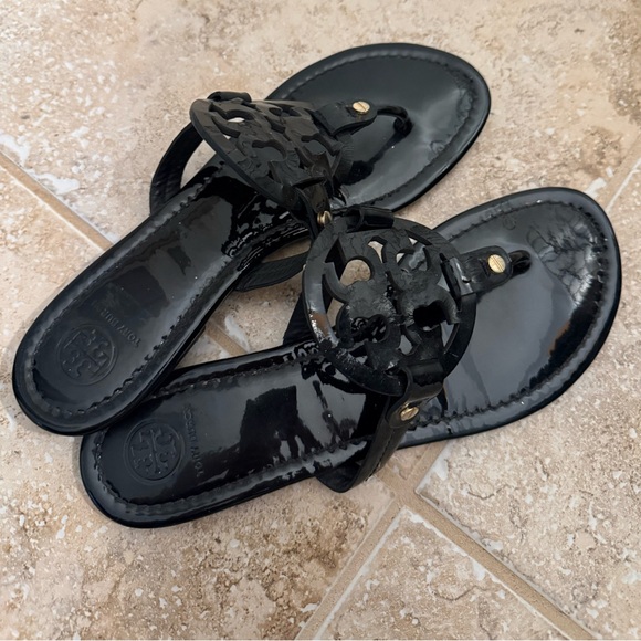 Tory Burch Shoes - Tory Burch Black Patent Logo Thong Sandals